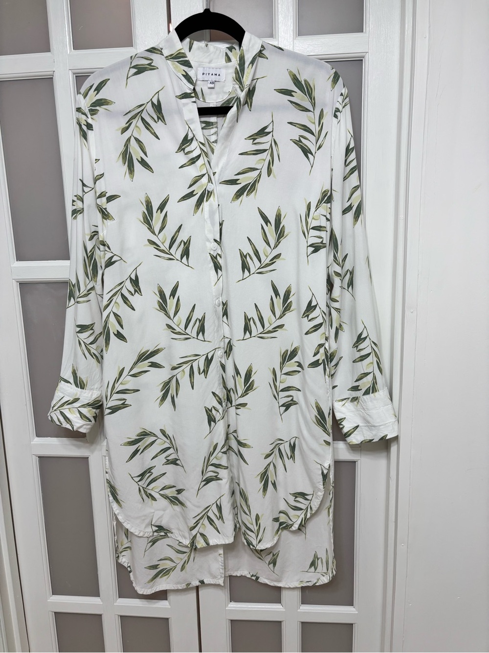 Piyama XS Olive Leaf Print Rayon Button Down Tunic Shirt Dress High Low